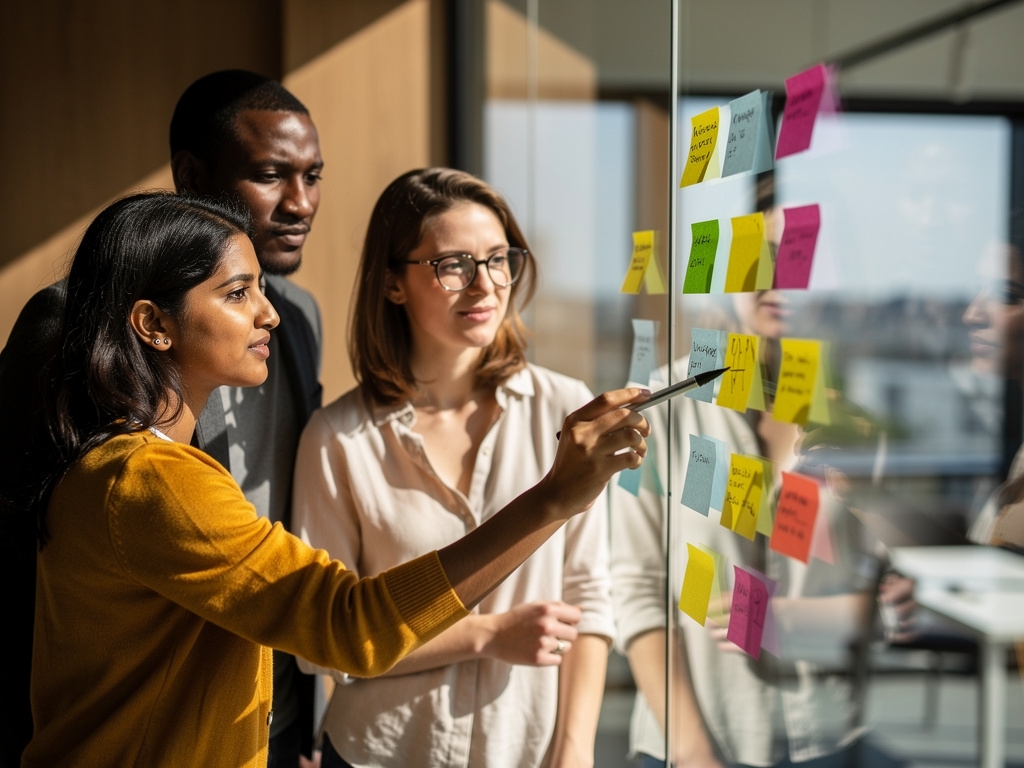Equipo de trabajo anotando ideas en notas adhesivas durante una sesión de ideación