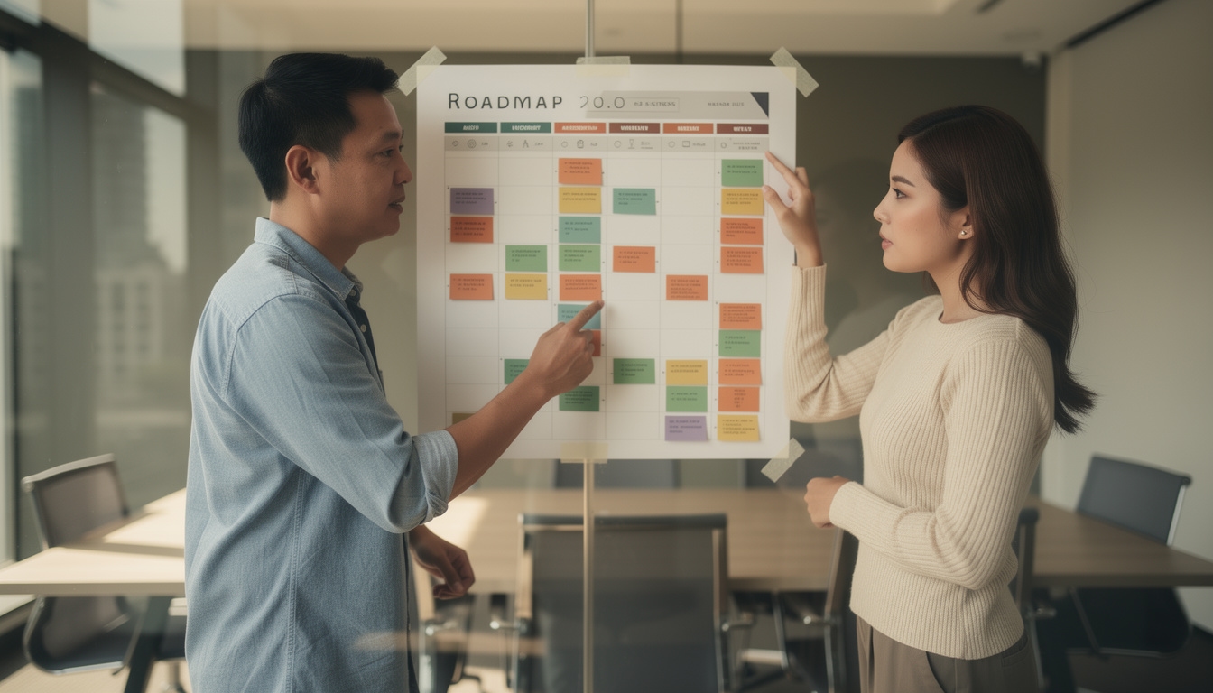 Equipo revisando un panel de planificación de producto sobre una mesa de reuniones
