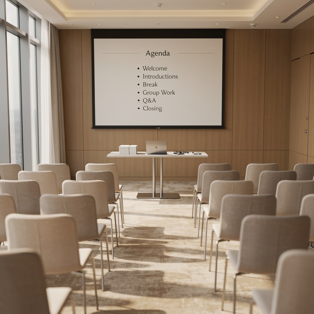 Sala de reuniones preparada para una sesión de trabajo con pantalla y sillas ordenadas